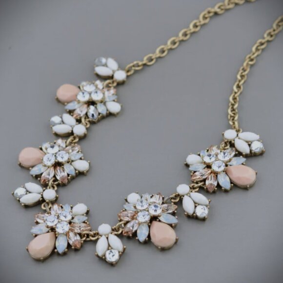 Statement Necklace, Peach Pink Pastel & Rhinestones, Gold Tone, Retro Vibes! - Picture 3 of 10